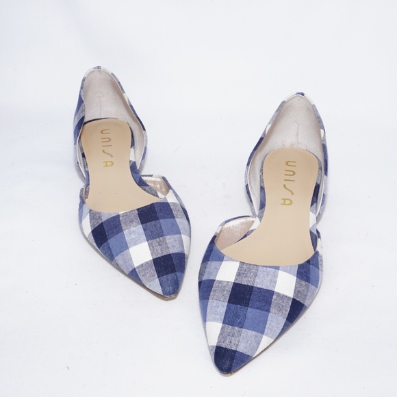 Unisa Blue & White Plaid D'Orsay Pointed-Toe Flats, Size 8 - Picture 2 of 8